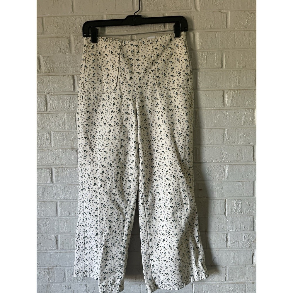 FRNCH Paris Cropped Capri Wide Leg Pants Women's XS Cotton Floral Cream Coquette